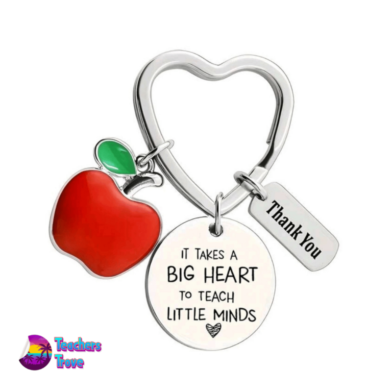 “It Takes a Big Heart to Teach Little Minds” Stainless Steel Keyring with Red Apple and Thank You Charm