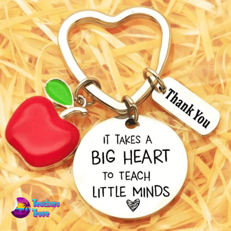 Second image of “It Takes a Big Heart to Teach Little Minds” Stainless Steel Keyring with Red Apple and Thank You Charm