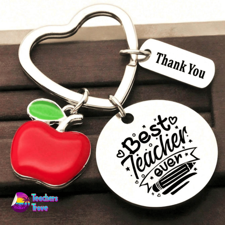 Second image of “Best Teacher Ever” Stainless Steel Keyring with Red Apple and Thank You Charm