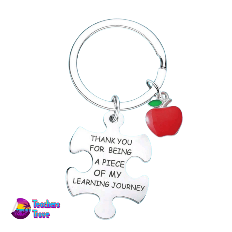 Second image of “Thank You for Being a Piece of My Learning Journey” Puzzle Piece Stainless Steel Keyring with Red Apple Charm