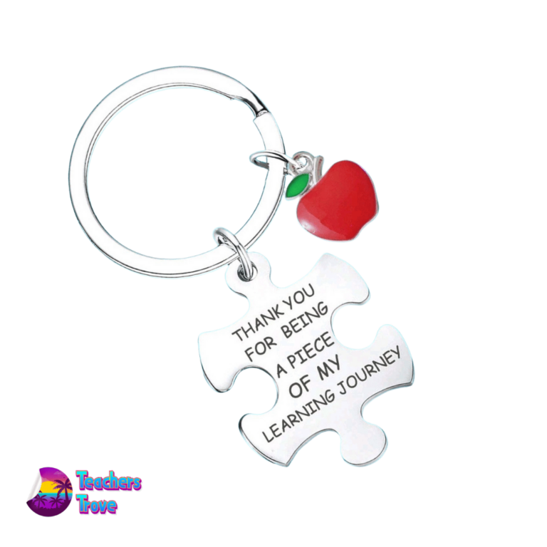“Thank You for Being a Piece of My Learning Journey” Puzzle Piece Stainless Steel Keyring with Red Apple Charm