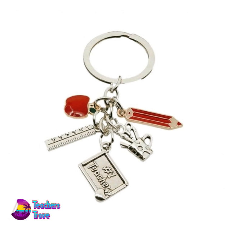 “#1 Teacher” Stainless Steel Charm Keyring with Apple, Ruler, Chalkboard, Paint Brushes, and Pencil Charms