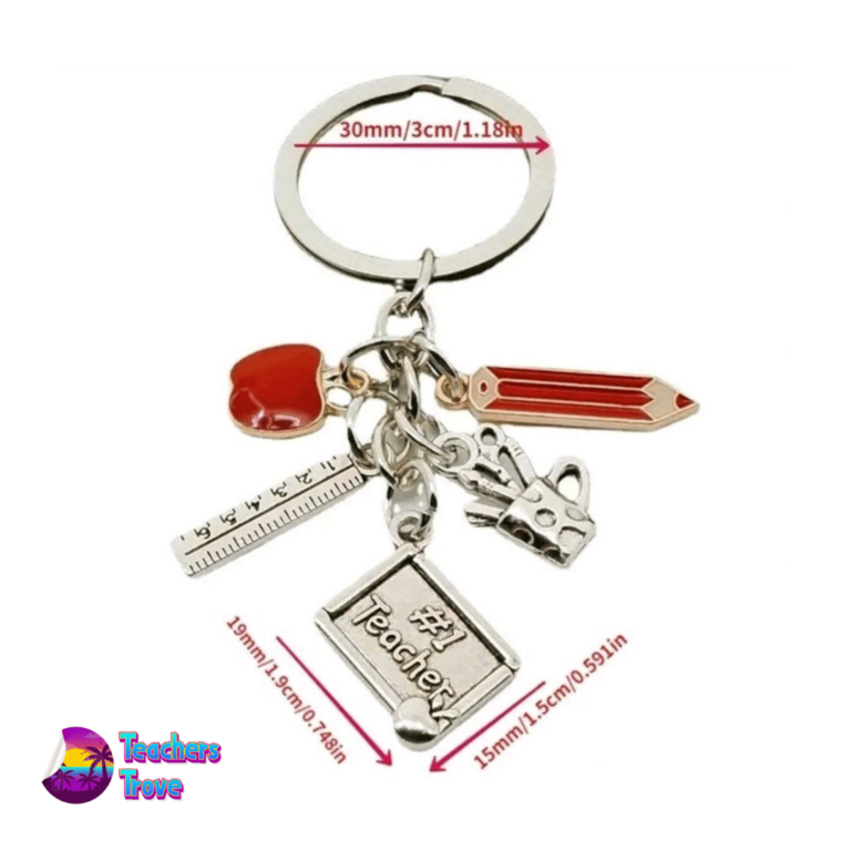 Second image of “#1 Teacher” Stainless Steel Charm Keyring with Apple, Ruler, Chalkboard, Paint Brushes, and Pencil Charms