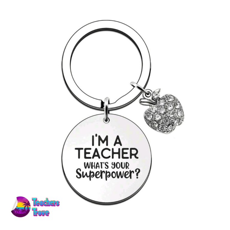 “I’m a Teacher, What’s Your Superpower?” Stainless Steel Keyring with Diamante Apple Charm