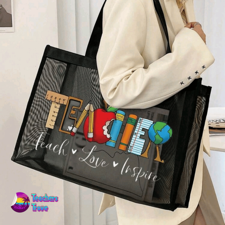 Second image of Teacher Black Mesh Tote Bag – “Teach, Love, Inspire”