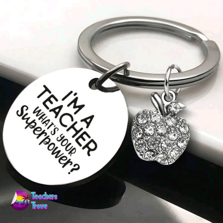 Second image of “I’m a Teacher, What’s Your Superpower?” Stainless Steel Keyring with Diamante Apple Charm