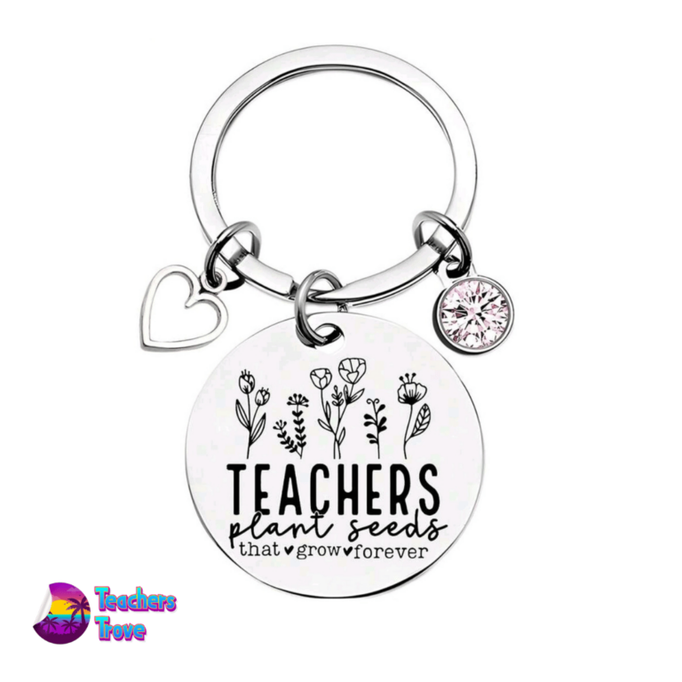 “Teachers Plant Seeds That Grow Forever” Stainless Steel Keyring with Pink Diamante and Heart Charm