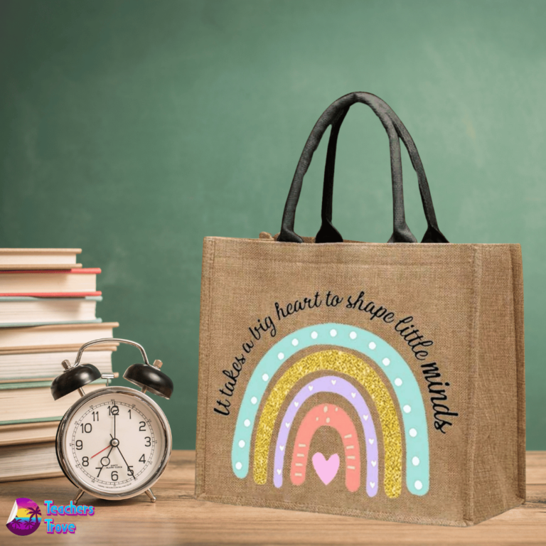 Khaki Linen Teacher Tote Bag – “It Takes a Big Heart to Shape Little Minds”