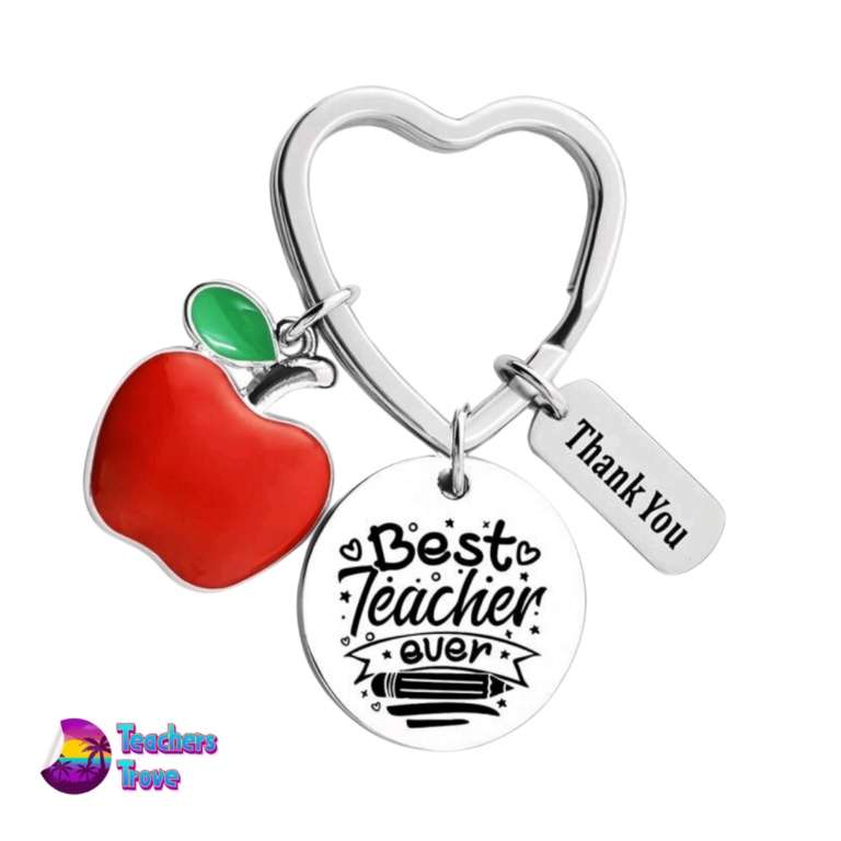“Best Teacher Ever” Stainless Steel Keyring with Red Apple and Thank You Charm
