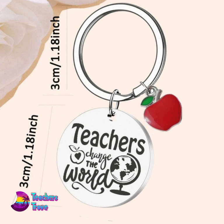 Second image of “Teachers Change the World” Stainless Steel Keyring with Red Apple Charm