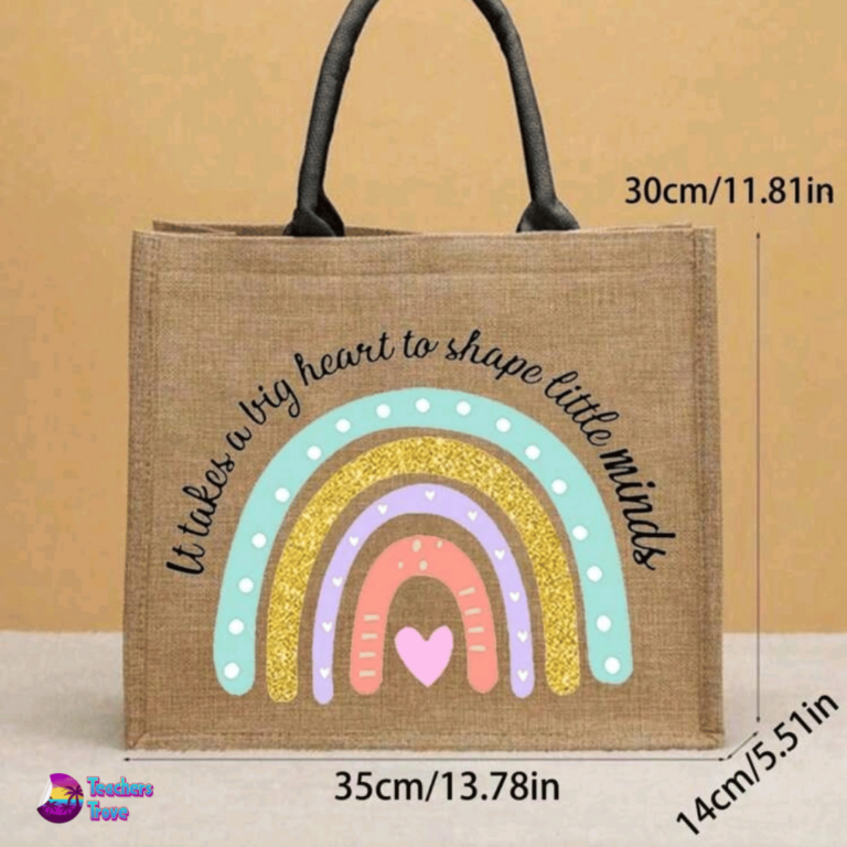 Second image of Khaki Linen Teacher Tote Bag – “It Takes a Big Heart to Shape Little Minds”