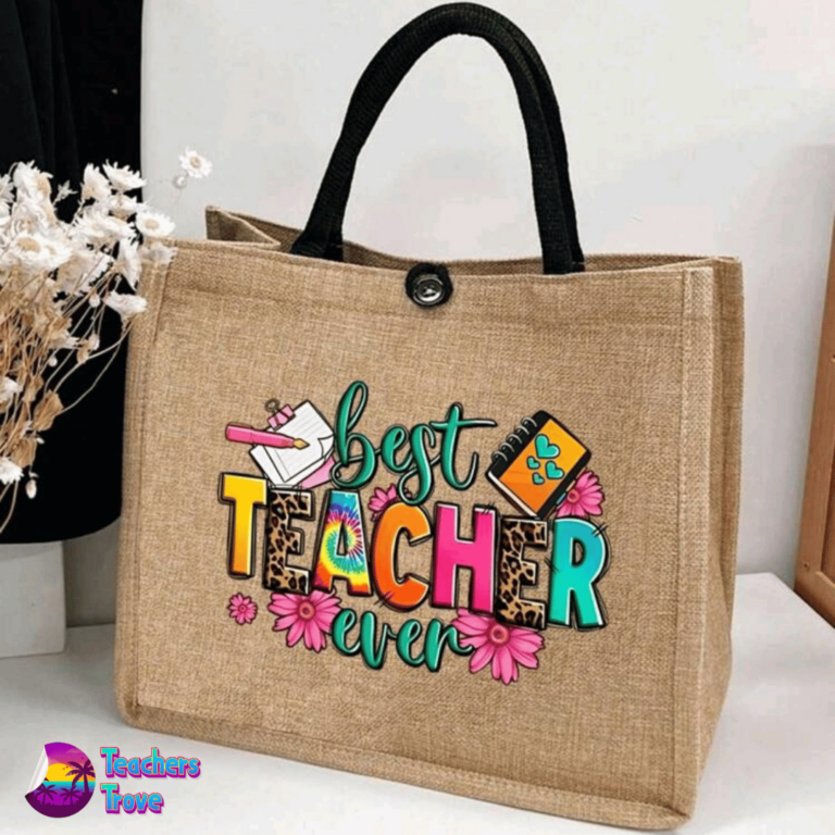 Khaki Linen Teacher Tote Bag – “Best Teacher Ever”