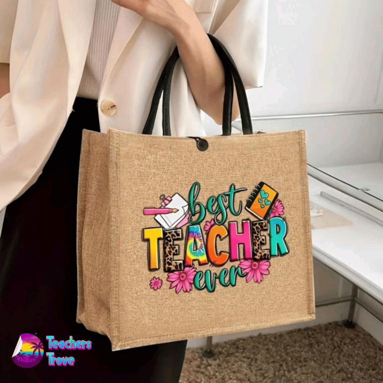Second image of Khaki Linen Teacher Tote Bag – “Best Teacher Ever”