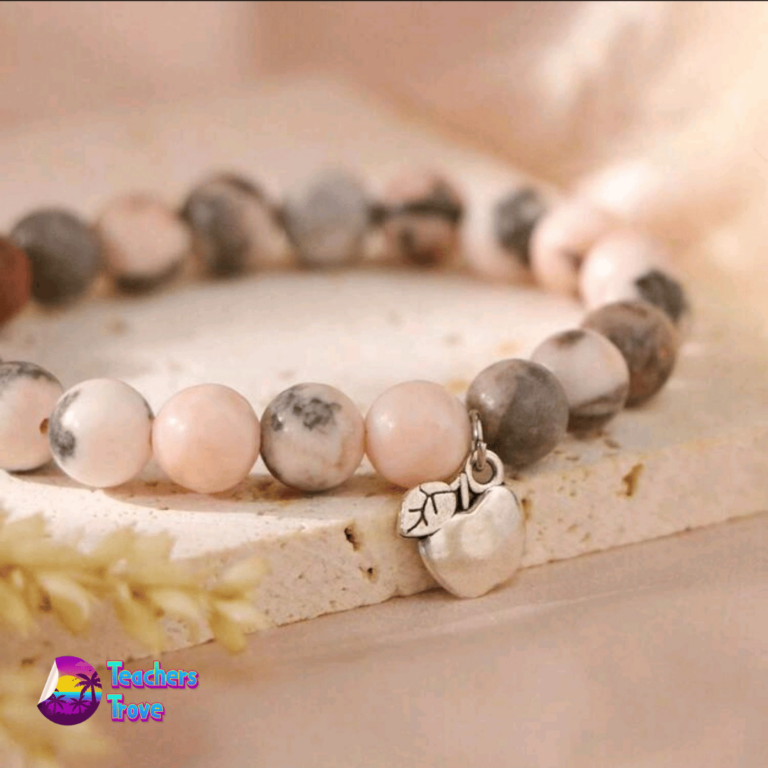 Second image of Rose Quartz and Marble Teacher Bracelet with Diamante Apple Charm