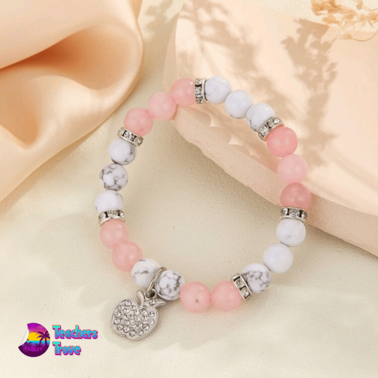 Second image of Pink Marble Teacher Bracelet with Diamante Apple Charm