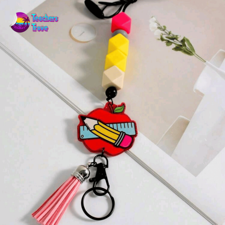 Red Apple, Pencil and Ruler Silicone Beaded Teacher Lanyard