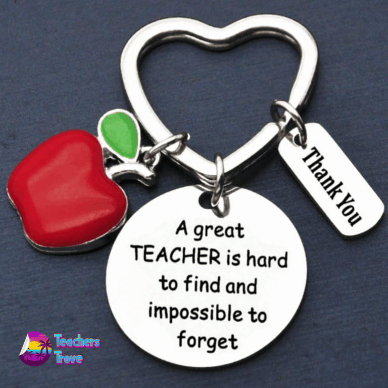 Second image of “A Great Teacher is Hard to Find & Impossible to Forget” Stainless Steel Keyring with Red Apple and Thank You Charm