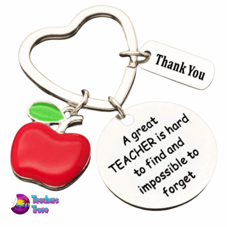 “A Great Teacher is Hard to Find & Impossible to Forget” Stainless Steel Keyring with Red Apple and Thank You Charm