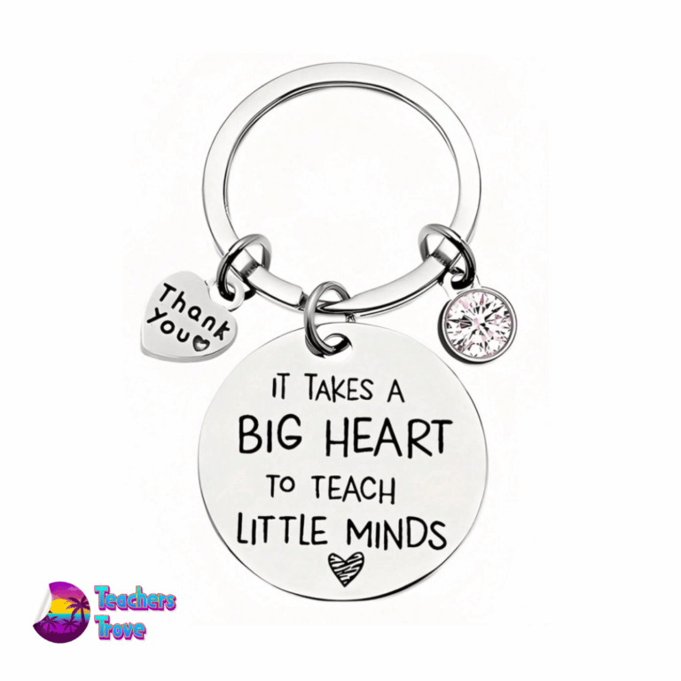 “It Takes a Big Heart to Teach Little Minds” Stainless Steel Keyring with Pink Diamante and Heart Charm