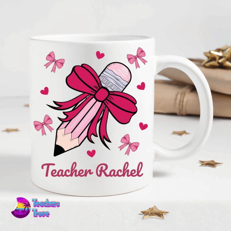Personalised Pink Bow Pencil Teacher Mug