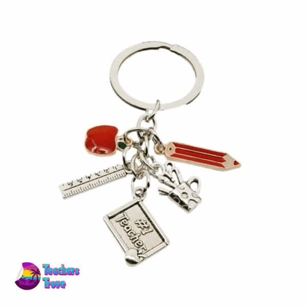 “#1 Teacher” Stainless Steel Charm Keyring with Apple, Ruler, Chalkboard, Paint Brushes, and Pencil Charms