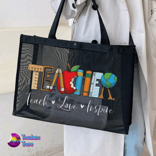 Teacher Black Mesh Tote Bag – “Teach, Love, Inspire”