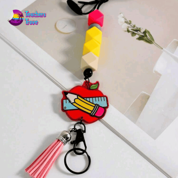 Red Apple, Pencil and Ruler Silicone Beaded Teacher Lanyard